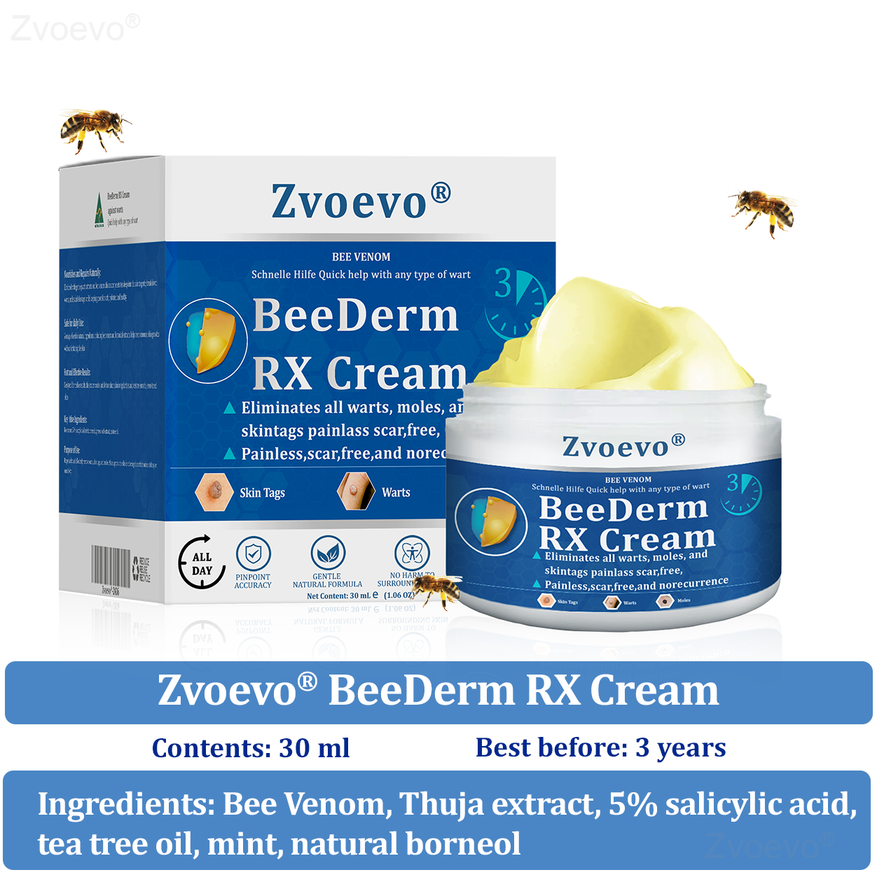 đŠââď¸ZvoevoÂŽ BeeDerm RX Cream, Painless, easy and gentle fix for warts, skin tags, lumps, infections, cysts and scars